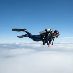 a scubadiver flying between the clouds