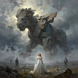 stone colossus by grzegorz rutkowski and richard wright and peter mohrbacher, atmospheric haze, stormy, tundra, princess in foreground, large scale
