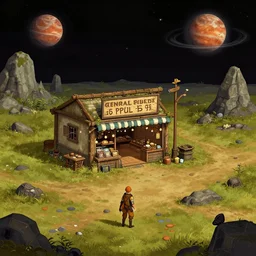 in front of a general store, in a remote outpost, on an alien planet, from a space themed point and click 2 d graphic adventure game, set design inspired slightly by hg giger and tomb raider, art inspired by thomas kinkade and bob ross