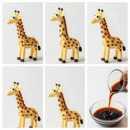 making of an edible giraffe from noodles and soy sauce step by step, each step is a progression from the last, dslr