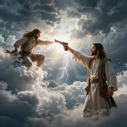 jesus with a gun between heaven and hell, bright lighting, with a storm in the background