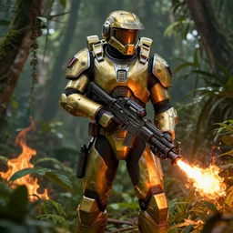 a soldier wearing a full set of hellfire advanced power armor and holding a flamethrower, 3 d render, octane, ray tracing, ultra detailed, photorealistic, high resolution, 8 k, fire, jungle