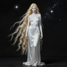 full body Painting of a beautiful woman under a black sky filled with stars, long blonde hair, delicate, pale milky white porcelain skin in long silky cloth, rendered in octane. 8K. Extremely detailed.
