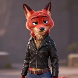 upper body portrait, anthropomorphic female wolf with red fur, wearing a black leather jacket and denim pants, detailed, unreal engine 5, artstation, in the style of zootopia