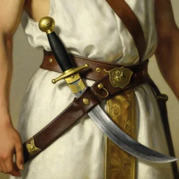 detail, concept art, close - up, design, a waist with a weapons belt with a curved long egyptian sword in a scabbard and a knife, traditional weapon, orientalist painting by anders zorn