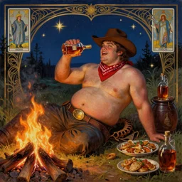 a dramatic, epic, ethereal painting of a !!handsome!! !!!thicc!!! mischievous shirtless cowboy with a beer belly!! wearing a large belt and bandana offering a whiskey bottle | he is relaxing by a campfire | background is a late night with food and jugs of whisky | homoerotic | stars, tarot card, art deco, art nouveau, intricate | by Mark Maggiori (((and Alphonse Mucha))) | trending on artstation