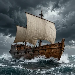 noah's ark, massive wooden boat, no sails, among very high seas, massive waves, storm, dark, epic clouds, apocalyptic, dramatic lighting, john martin, michael bay, disaster,