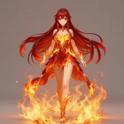 red eyed beautiful long haired anime girl, dress in fire, full body photo, flames everywhere, highly detailed, digital painting, artstation, concept art, smooth, sharp focus, illustration, art by artgerm and greg rutkowski and alphonse mucha