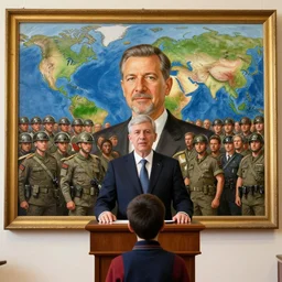 A young boy has worked his entire way up becoming a politician, then succeeding to unite the entire globe under 1 nation, somewhere he does a speech, and someone that in that time is the best painter makes a portrait of the Leader with all the people and armies infront of him, the painting is of very high quality and a lot of coherency