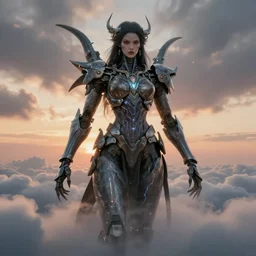 biblical hell beautiful female mecha android, shiva, storm, glowing veins, in clouds, sunset, portrait, by peter elson, by lise deharme, muted colors, by frank frazetta, extreme detail, reflections, trending on artstation, 8 k