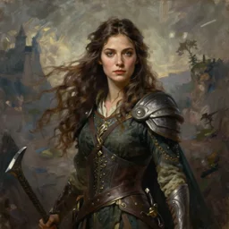 a full body high detail fantasy portrait oil painting illustration of a single beautiful female bard by justin sweet with face and body clearly visible, flowing hair, high cheekbones, in a scenic background, pretty eyes, realistic proportions, d & d, rpg, forgotten realms, artstation trending, high quality, sombre mood, artstation trending, muted colours, entire person visible!