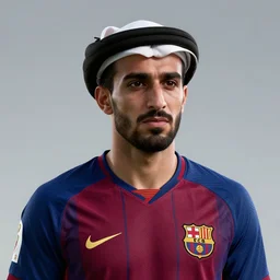 portrait of sadam hussain, head and torso, fc barcelona jersey number 1 0, dark blue, maroon red, unreal engine 5, trending on artstation, master piece, octane render, art by artgerm and greg rutkowski and alphonse mucha