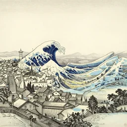 panorama of crooked ancient city, by aubrey beardsley, by caspar david friedrich, by katsushika hokusai, by victto ngai, ink, calligraphy, omnidimensional, traverse, feng shui, contre - jour, sfx, maze of streets, in a valley, hills, waterfall, river, palace on top of the hill