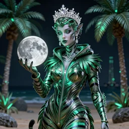 hyper detailed ultra sharp portrait of baroque and bladerunner delicate neon emerald and onyx sculpture of ( seductive albino diety nick jonas ) ( ( striped tigers ) ) wearing ( ( metallic hoody made out of palm leaves ) ) ( holding the moon ) beach dungeon, glowing palm trees, crown of white diamonds, cinematic lighting, photorealistic, octane render 8 k depth of field 3 d