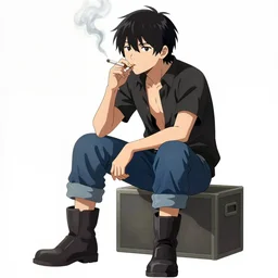 Revy from Black Lagoon::6 anime and manga, smoking a cigarette, Jean shorts boots and white tank top::3 middle shot:: symmetrical face::2 symmetrical eyes::2 in the style of Joshua Middleton::1