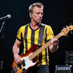 Sting playing bass wearing a stripped yellow black jersey, volumetric lighting, sharp focus