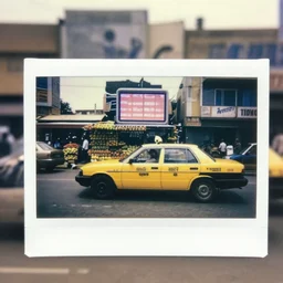 old polaroids of futuristic african mobile market places in lagos traffic, side of taxi as fruit stand, digital advertising screens