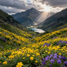 a valley full of yellow and purple flowers, a mountain in the background, a lake nearby