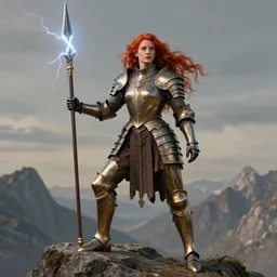 half body matte portrait of a red haired valkyry in a heroic pose and wearing thick bronze plate armor at the top of a mountain holding a spear made of lightning, art by albert bierstadt, alphonse mucha, andreas rocha, greg rutkowski, sharp edges. ultra clear detailed. 8 k. elegant. octane render