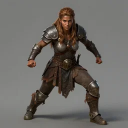 Female barbarian, beautiful, light borwn hair, dark skin, brown eyes, detailed face, chest armor, greaves, sabatons, battle stance, high fantasy, realistic, matte painting