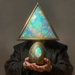 anthropomorphic d 2 0 triangle head in opal darkiron danny devito holding egg, intricate, elegant, highly detailed egg, digital painting, artstation, concept art, sharp focus, illustration, art by artgerm, bob eggleton, michael whelan, stephen hickman, richard corben, wayne barlowe, greg rutkowski, alphonse mucha, 8 k