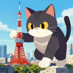 mcbess illustration of a giant evil cat attacking tokyo