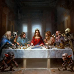 still dnd last supper, symmetric, kate beckinsale as queen red dress at center, goblins, mages, skeletons, 8 k, deep focus, d & d, fantasy, intricate, elegant, highly detailed, digital painting, artstation, concept art, matte, sharp focus, illustration, hearthstone, art by greg rutkowski, ilya kuvshinov, boris valejo