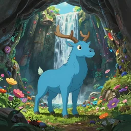 a wholesome animation key shot of a blue kirin in a hollow earth landscape, waterfall, colorful, studio ghibli, pixar and disney animation, sharp, rendered in unreal engine 5, anime key art by greg rutkowski, bloom, dramatic lighting, volumetric lighting