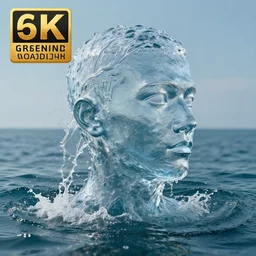a sculpture made of water in the shape of a human head, on the ocean water, water manipulation photoshop, cgsociety, cinematic, in the style of johnson tsang, long shot, hyper detailed, hyper realistic, ray tracing, 8 k resolution, sharp focus, realistic water, award winning
