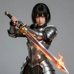 Portrait of Anime girl with black hair, she is carrying a burning sword with two hands, wearing metal armor around her chest and waist, realistic, detailed, 4k by Greg Rutkowski Mark Arian trending on artstation