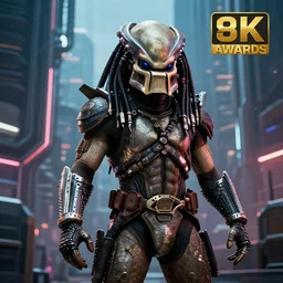 high quality photo of The Predator in a cyberpunk cyberpunk cyberpunk city, realism, 8k, award winning photo