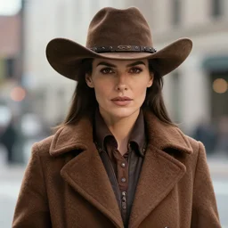full portrait of beautiful gunslinger woman in the city, face details, brown tuffle coat, cowboy hat, brown skin, redeyes, high fantasy, dnd, highly detailed, manga illustration, by keisuke sato