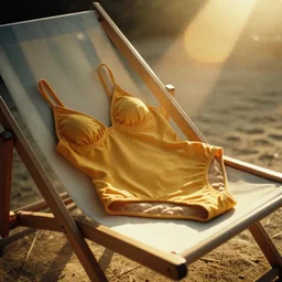 A Film photograph of a swimsuit laying on a deck chair. by Cameron Hammond. 1980s magazine style. Cinematic, Golden Hour. Lens flare. 85mm lens, Kodak Gold Film photography
