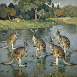 five kangaroos bathing in a lake. an oil painting by paul cezanne