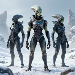 reptilian aliens in tech suits in a snowy landscape,digital art
