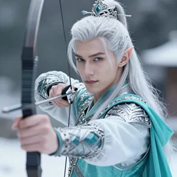 close - up portrait of a handsome male snow elf in a turquoise cape and silver ornate armour as an archer, albino skin, winter vibes, perfect face, elegant, very coherent symmetrical artwork, atmospheric lighting, rule of thirds, by wenjun lin, krenz cushart, charlie bowater, trending on artstation