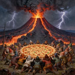 a hoard of strange gnome like people struggling and grabbing for a very large pizza, in front of a volcano spewing lava and black smoke, from below, streams of glowing hot lava, flashes of lightning in the distance, wide shot, long shot, an ultrafine detailed painting by joe fenton, deviantart, pop surrealism, whimsical