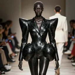 beautiful female black statue wearing bulbous distorted assymetrical comme de garcon jacket in the style of rei kawakubo, the model is a black glossy marble statue, vogue, fashion, runway, collection, beautifully lit, glossy, hd, 4 k, 8 k, extremely clear focus, sharp, award winning fashion photograph