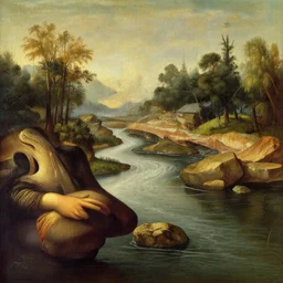 a beautiful landscape, river, rocks, trees, by leonardo davinci