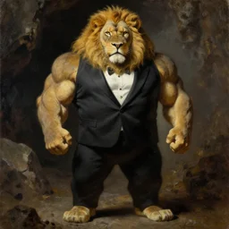 oversized muscular lion as barbarian CEO in tuxedo human legs full body portrait pose , very textured detailed oil painting by rembrandt , hard backlight , in dark cave