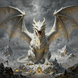 adult white dragon portrait, open mouth, massive wings, wide angle, greg rutkowski, drark, marvel comics, dark, plutus su, chris scalf, lucas graciano, billy christian, symmetrical features, snowy mountains, small city, grey and gold color palette, painting, d & d, fantasy, storm clouds