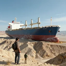 gigantic cargo ship run aground on top of death valley cliffs. jasmin habezai - fekri, anton fadeev, tony zhou shuo, greg rutkowski, unreal engine 5