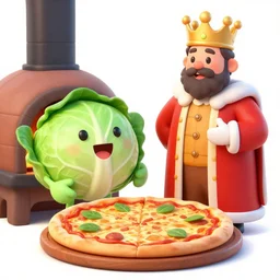cabbage character and king with crown, cooking pizza in a wood fired oven, highly detailed 3 d render, funny, pixar
