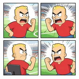 a 4 panel cartoon of dilbert watching soccer and raging,
