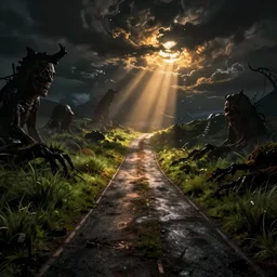 scary future street in the night covered with darkness a mystical creepy road, cinematic view, epic sky, detailed, concept art, low angle, high detail, warm lighting, volumetric, godrays, vivid, beautiful, trending on artstation, by jordan grimmer, huge scene, grass, art greg rutkowski