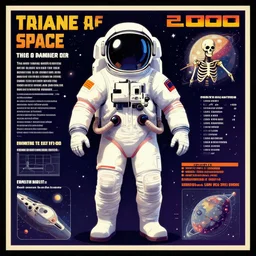 a warning infographic of the dangers of space, containing an astronaut suit with a skeleton in it, 2 0 0 0's style poster