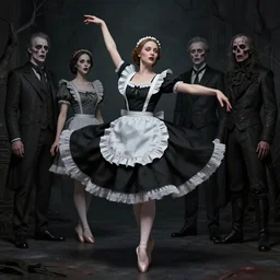 macabre art, vladimir putin women maid dress, ballerina dancing, horror, macabre art, stuning 3 d render, masterpiece, dark, by donato giancola and greg rutkowski and wayne barlow and zdzisław beksinski, realistic face