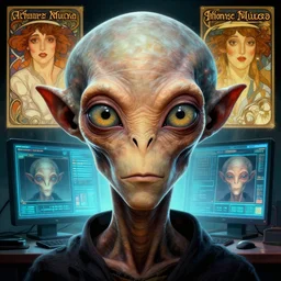 hyperrealist portrait of an ancient old alien man with large cruel intelligent eyes and a huge head standing in front of a computer interface by jeremy mann and alphonse mucha and alan lee, fantasy art, photo realistic, dynamic lighting, artstation, poster, volumetric lighting, very detailed faces, award winning, full face, symmetry