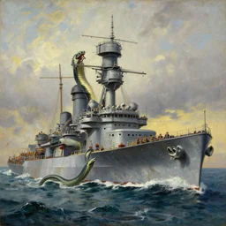 a sea serpent attacking a battleship in the victorian time ( oil painted, beautifully painted by a good artist, highly detailed, good quality painting )