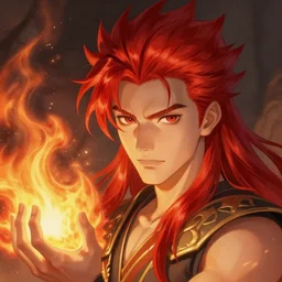 An epic fantasy comic book style portrait painting of young man with long red spiked hair. Blasting fire on his hands. Wearing a black waistcoat, white shirt, using googles. Unreal 5, DAZ, hyperrealistic, octane render, cosplay, RPG portrait, dynamic lighting